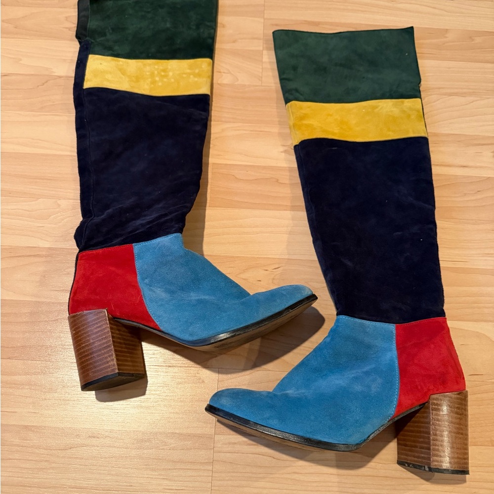 Anthropologie Colorblock Suede Over-the-Knee Boots in Blue, Red, Green, Yellow